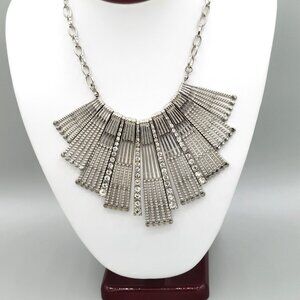 Silver Tone Rhinestone Bib Statement Necklace Extender Art Deco Style